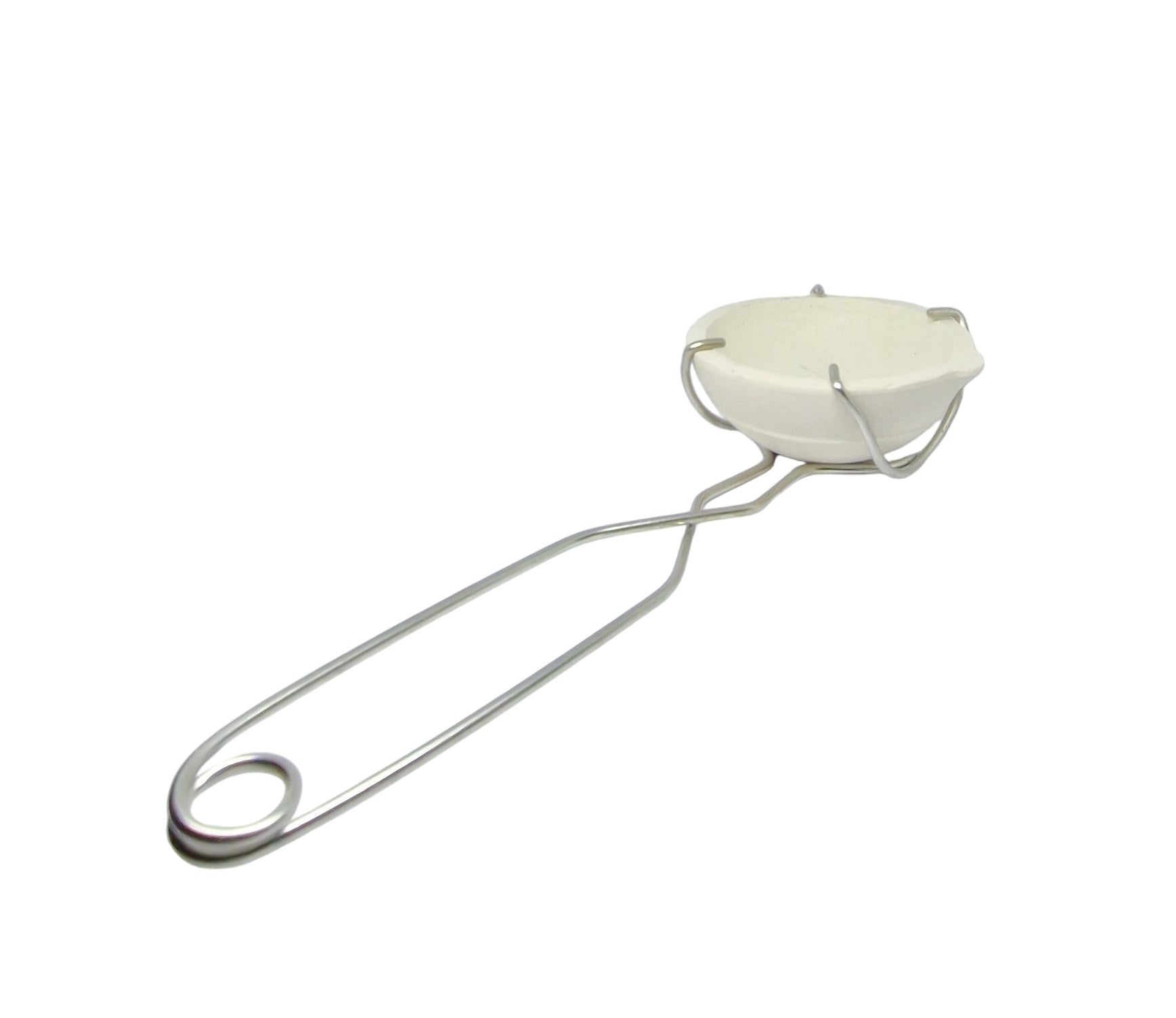 A pair of silver-colored whip wire tongs designed to grip small crucibles, with a round crucible.