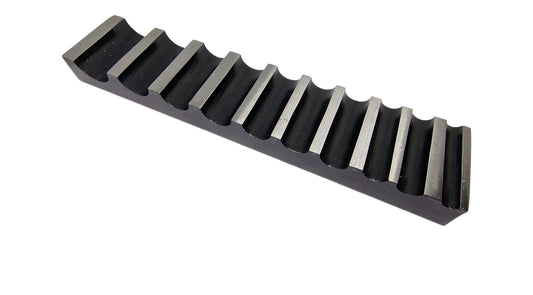 A single-sided steel bending block with ten half-round grooves, used for forming, bending, and shaping metals.