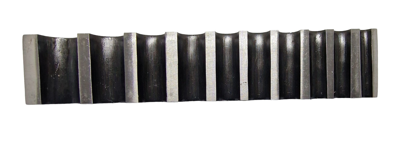 Top view of a single-sided steel bending block with ten half-round grooves, used for forming, bending, and shaping metals.