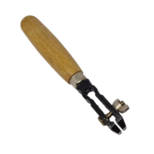 A hand vice tool with a wooden handle and metal jaws, polished and satin-finished.