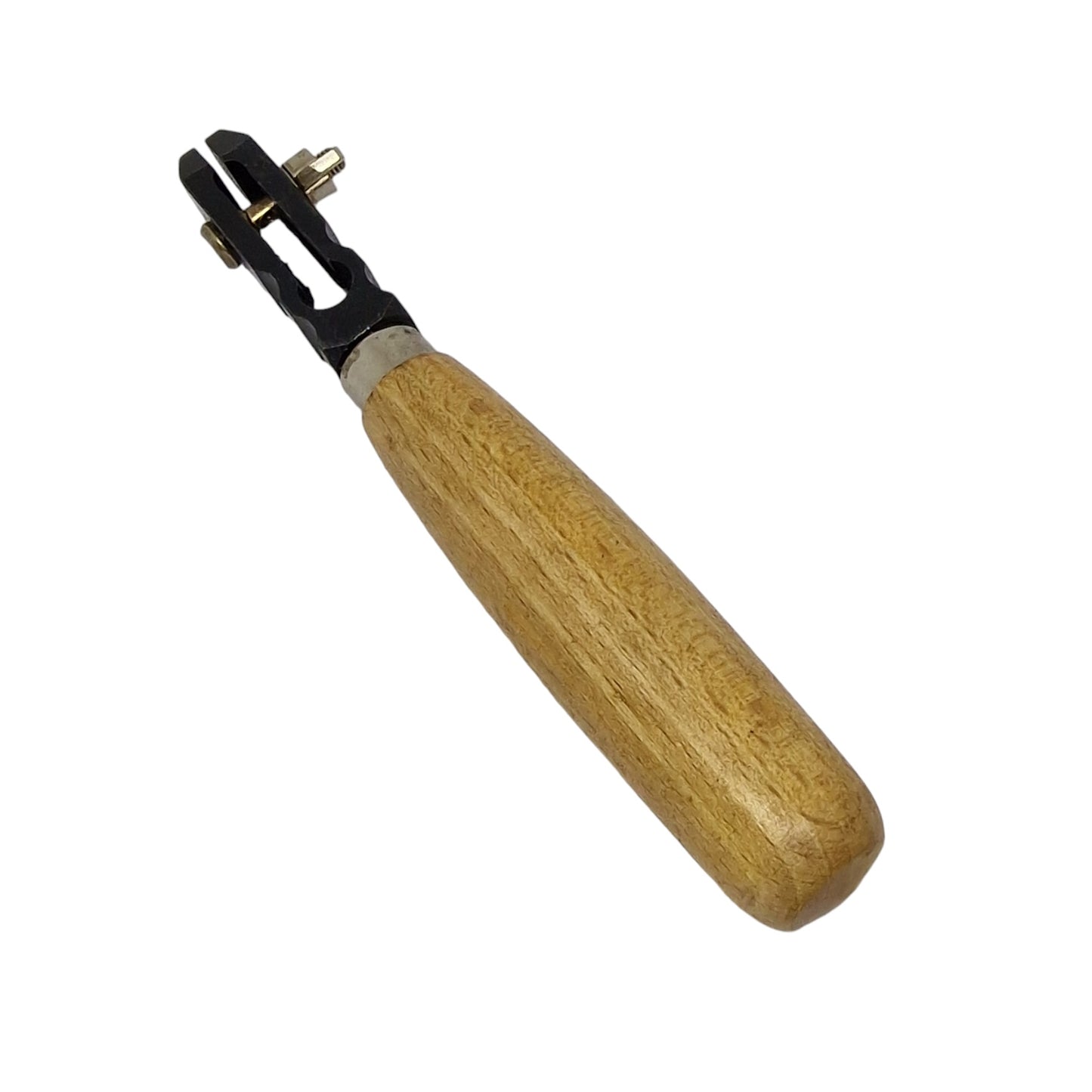 A hand vice tool with a wooden handle and metal jaws, polished and satin-finished.