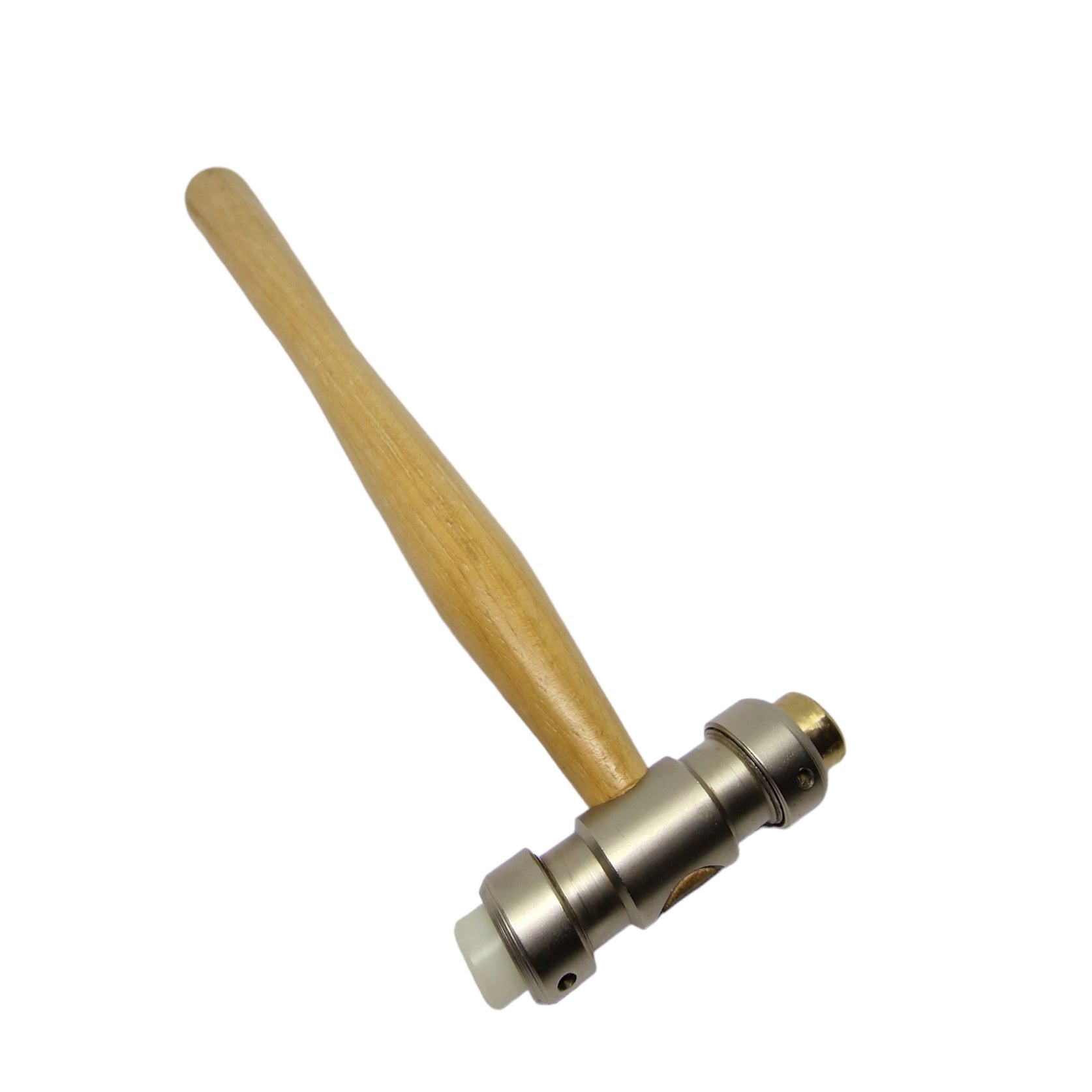 Hammer with a brass head one side and a plastic head on the other with a wooden handle.
