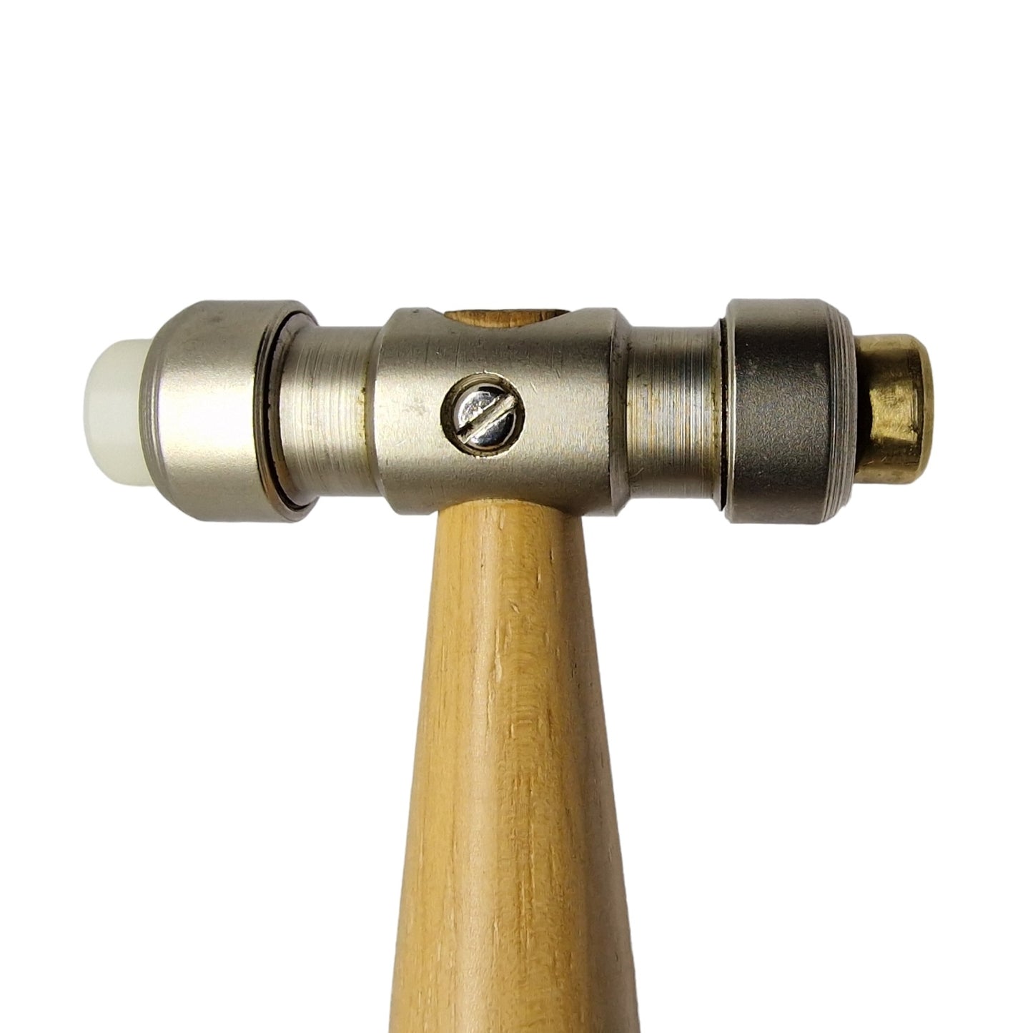 Hammer with a brass head one side and a plastic head on the other with a wooden handle.