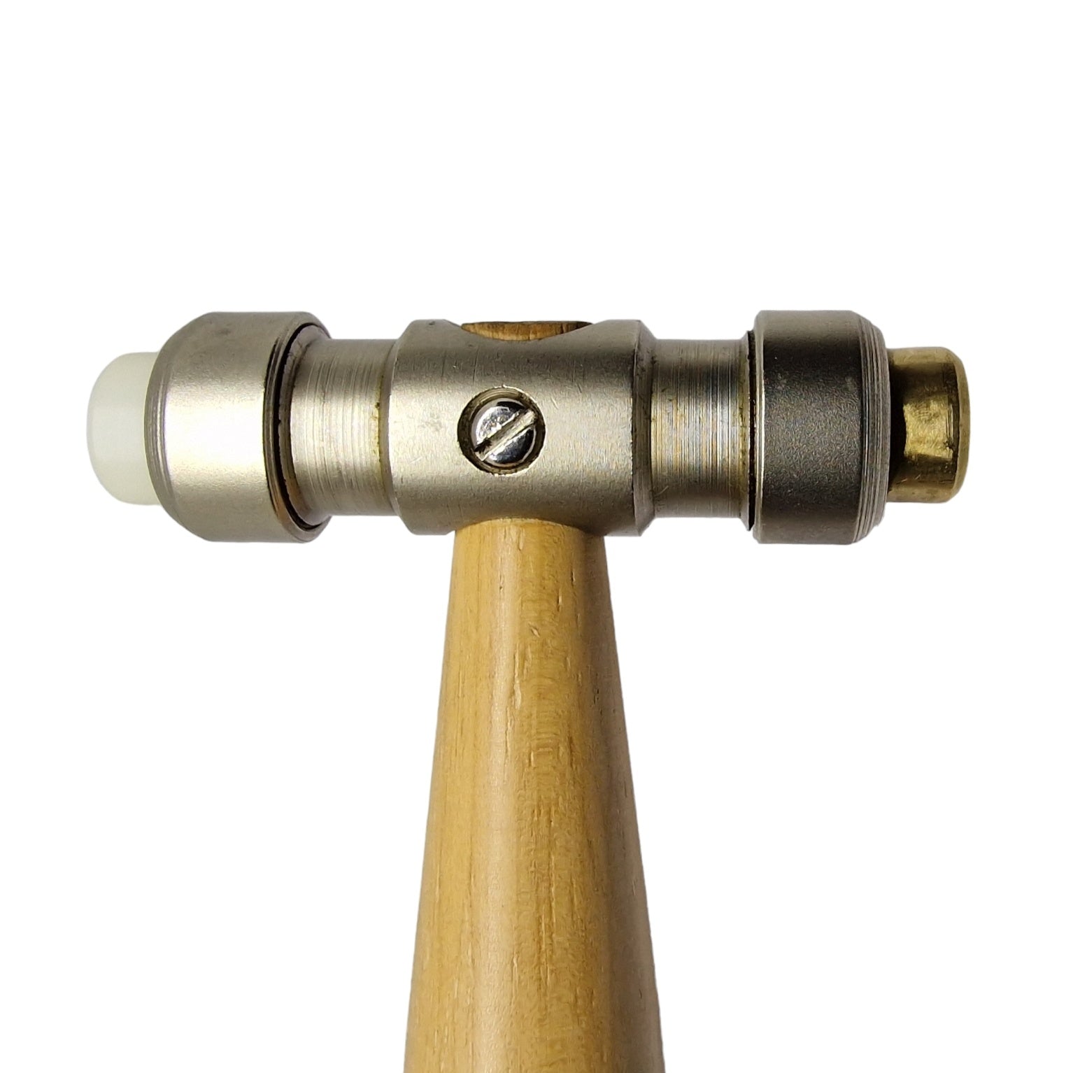 Hammer with a brass head one side and a plastic head on the other with a wooden handle.