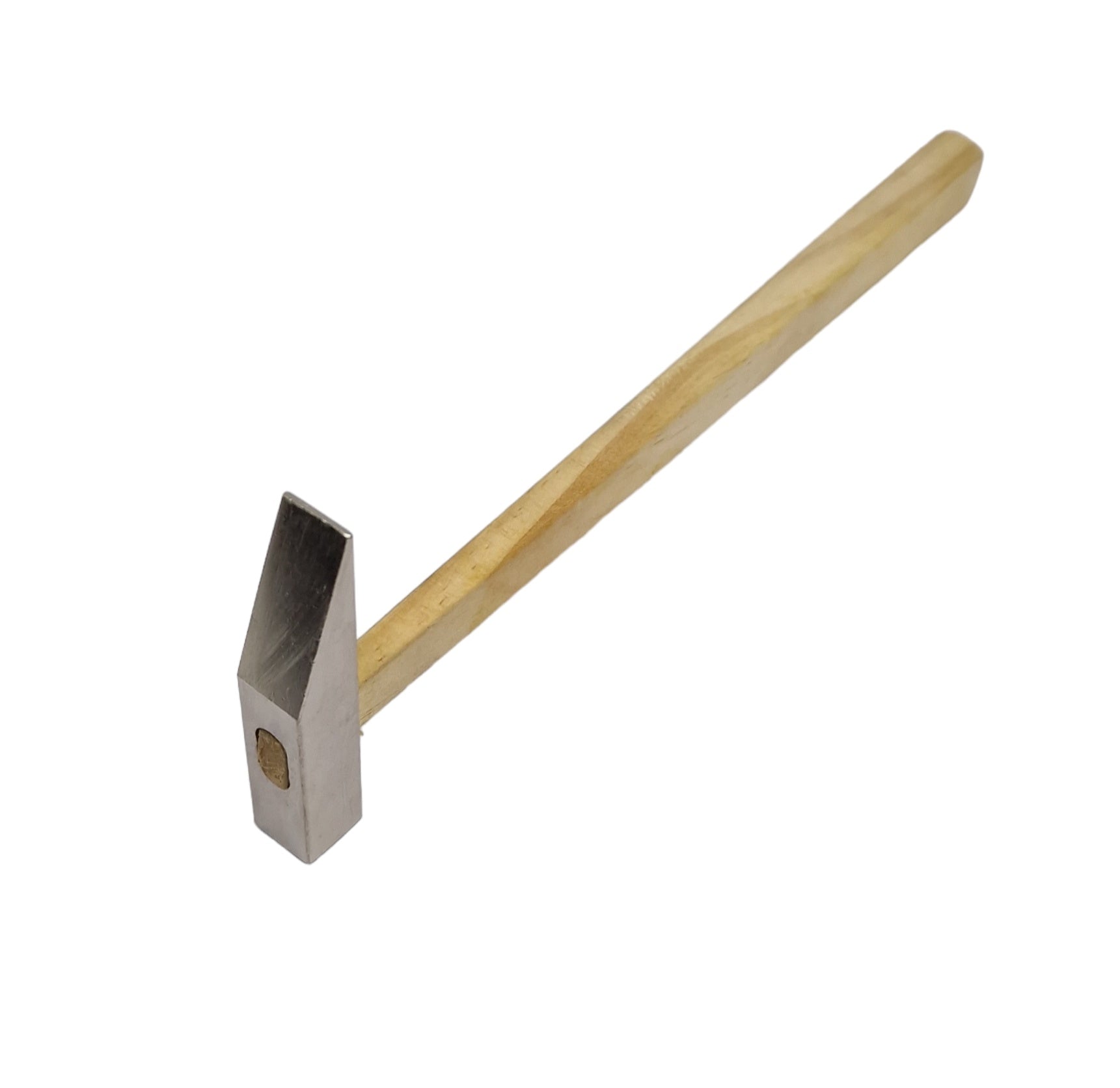 A chisel hammer with a wooden handle and a steel head, featuring a flat end for spreading and a chisel-shaped end for spreading rivets and leveling.