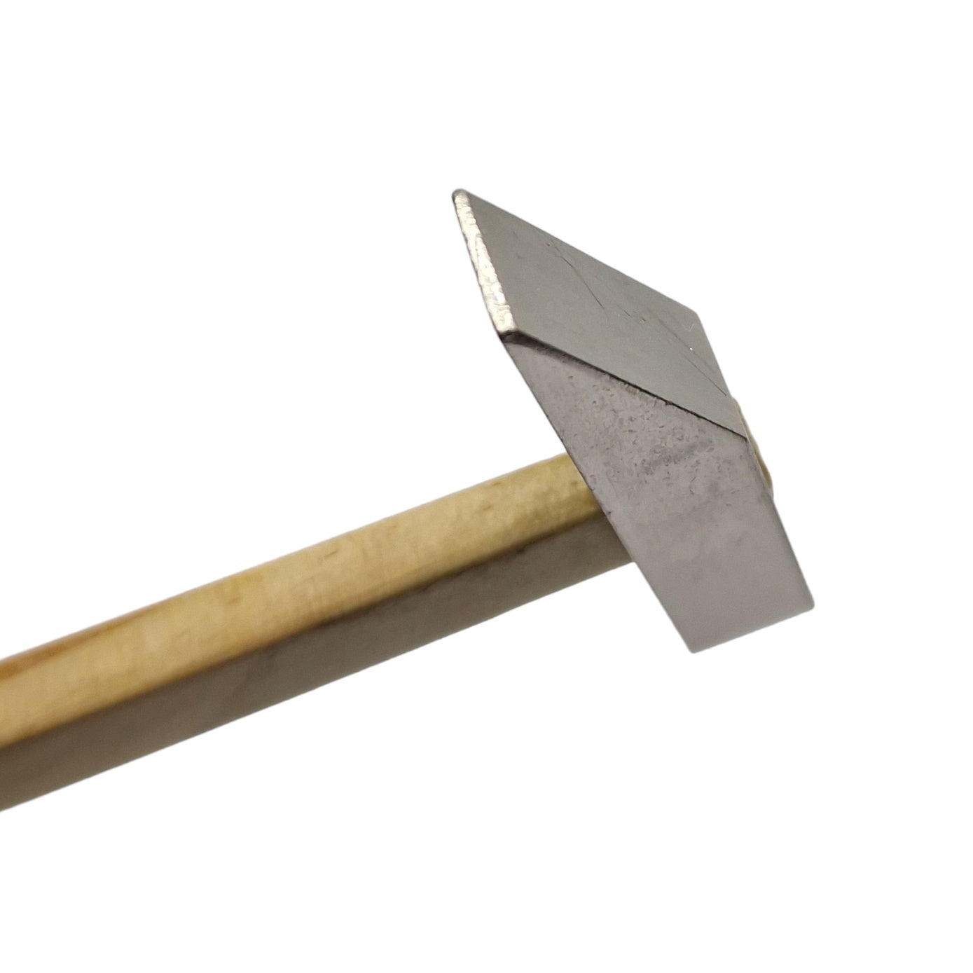 Close up of chisel hammer with a wooden handle and a steel head, featuring a flat end for spreading and a chisel-shaped end for spreading rivets and leveling.