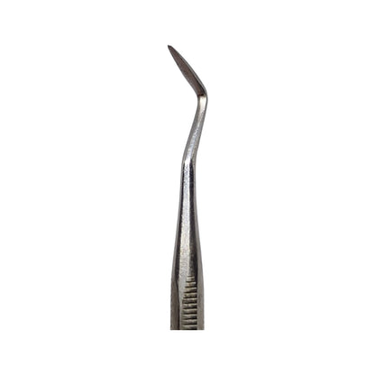 A double-ended stainless steel wax carving tool with one end pointed and the other end flat, against a white background.