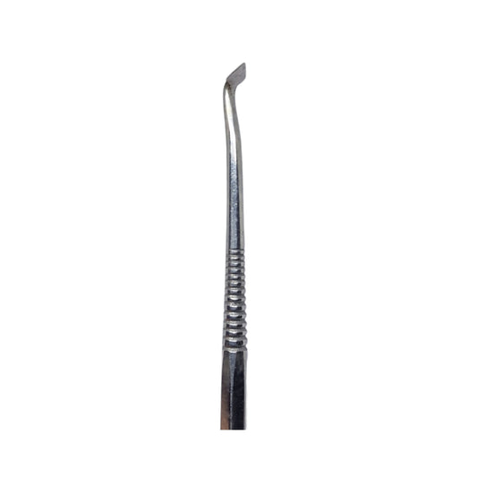 A stainless steel double-ended wax carving tool with a textured grip.