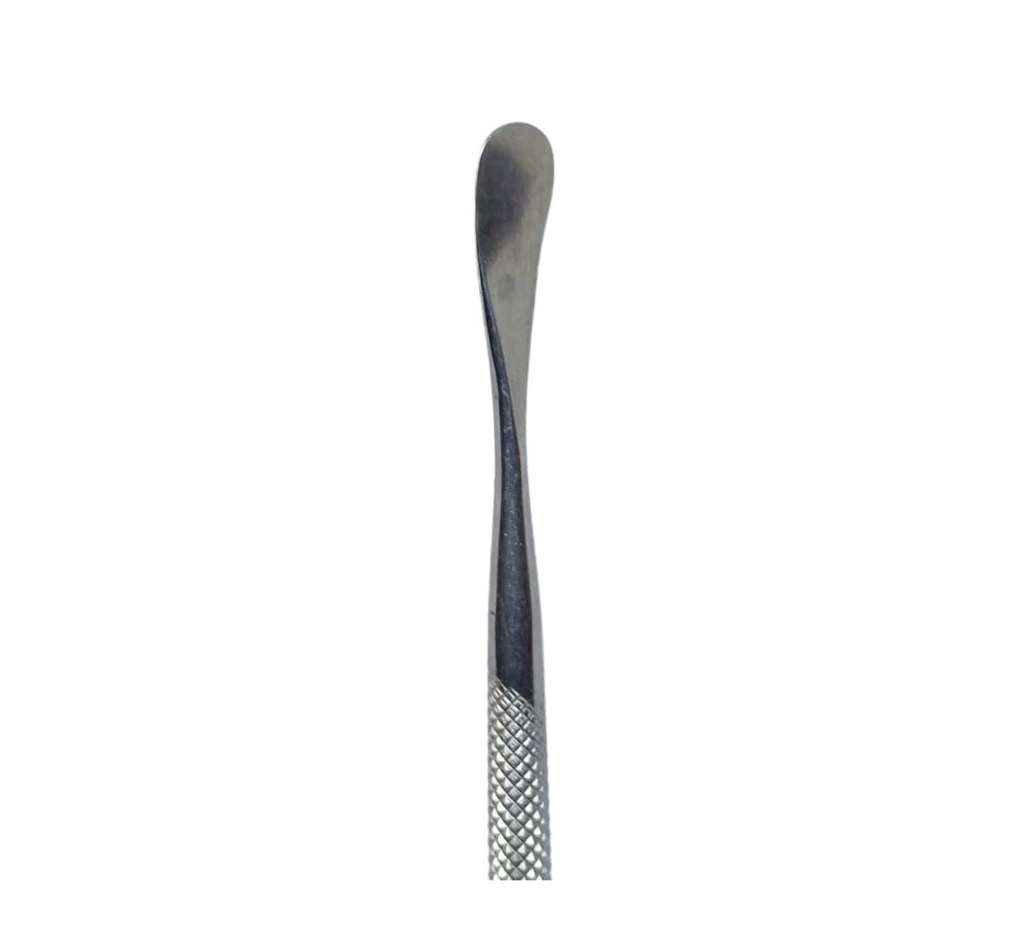 A double-ended stainless steel wax carving tool with a pointed tip on one end and a serrated surface on the other.