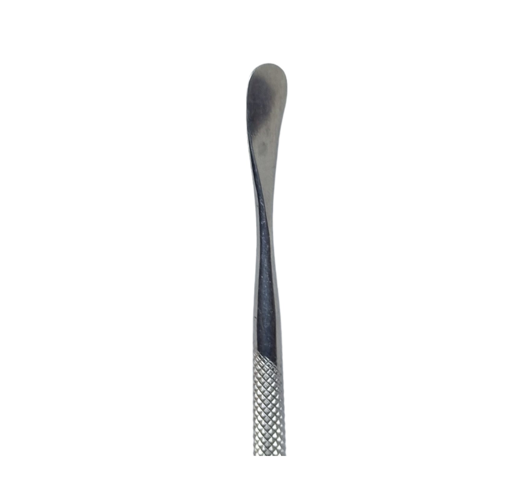 A double-ended stainless steel wax carving tool with a pointed tip on one end and a serrated surface on the other.