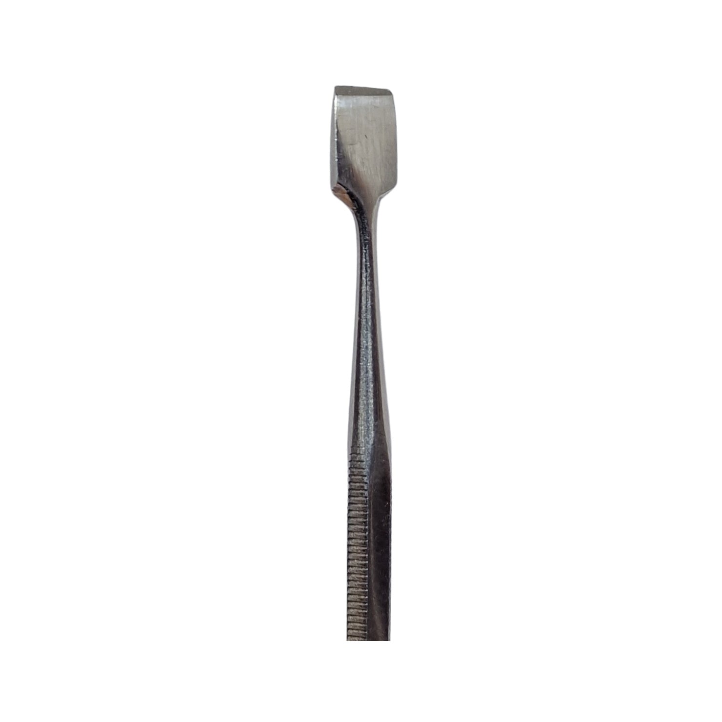 A double-ended stainless steel wax carving tool with a textured surface.