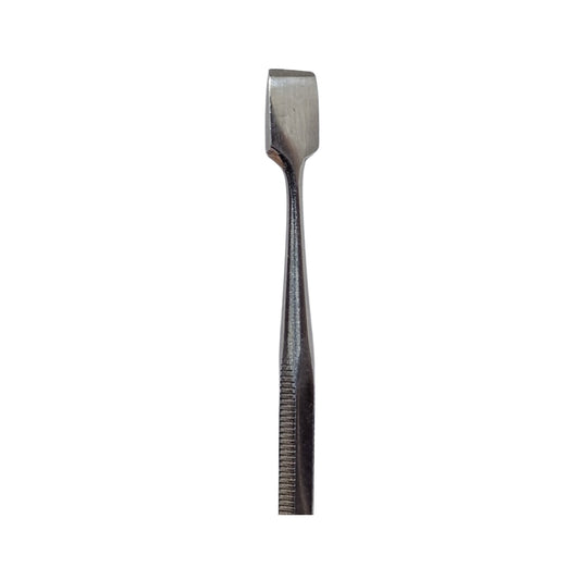 A double-ended stainless steel wax carving tool with a textured surface.