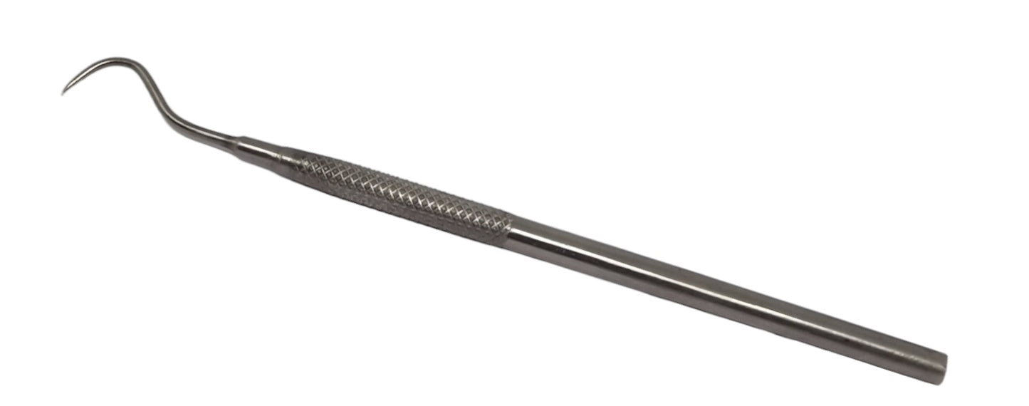 Curved wax carving probe on a white background