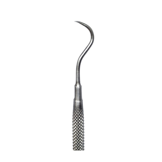 A single-ended curved stainless steel probe for wax carving and forming, with a textured handle.