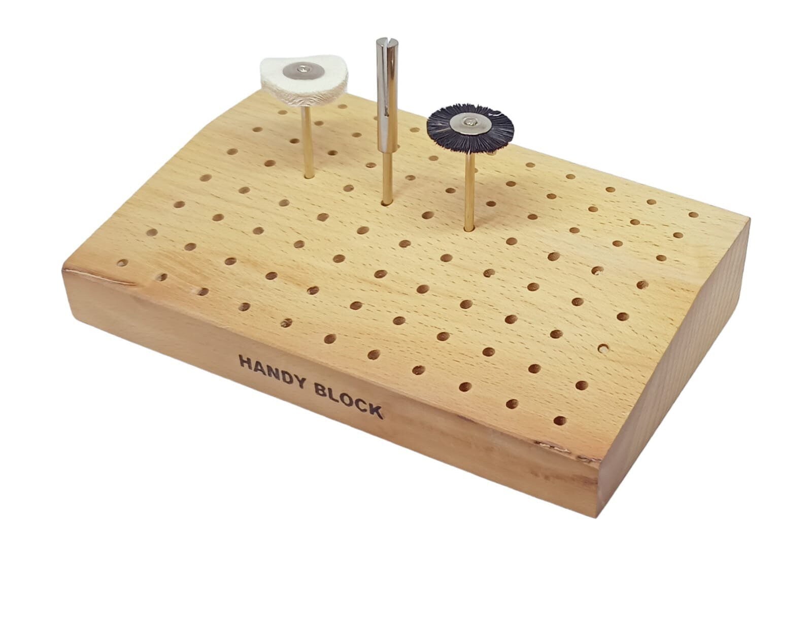 Wooden tool stand for drills with a few accessories in the stand