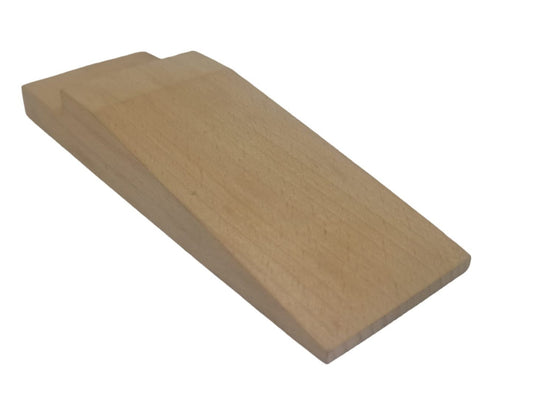 A beige-colored, L-shaped hardwood bench pin.
